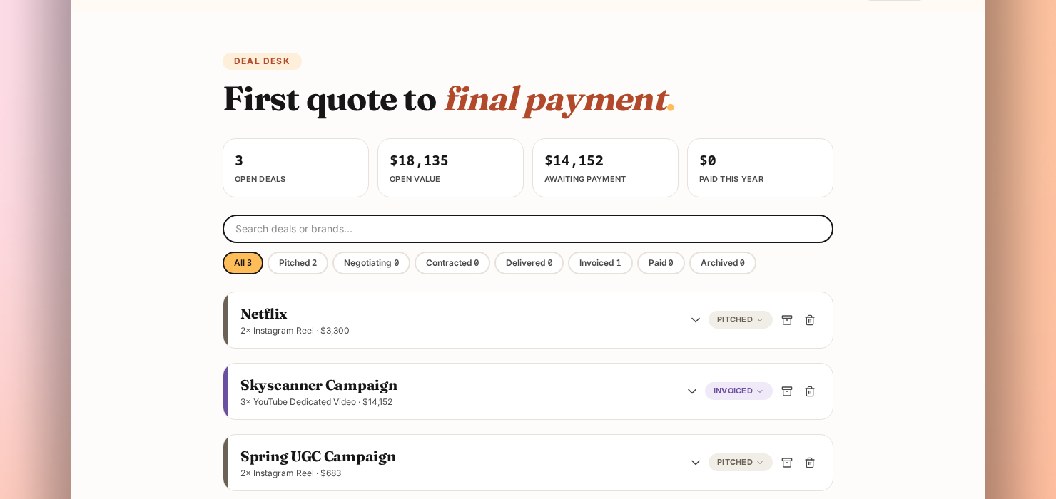 Repped Deal Desk showing open deals, open value, awaiting payment, and contract decode summaries